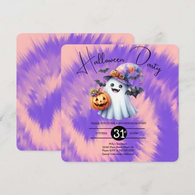 Halloween Spökfest Tie Dye Handritad  Inbjudningar (Fram/baksida)