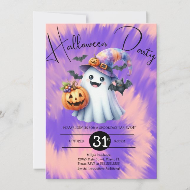 Halloween Spökfest Tie Dye Handritad  Inbjudningar (Framsida)