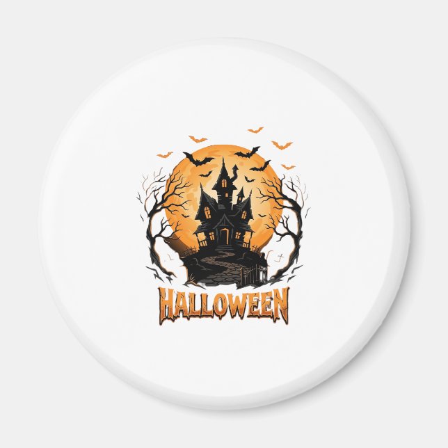 Halloween Spökhus Fladdermus Måne Grafisk Design Magnet (Framsidan)
