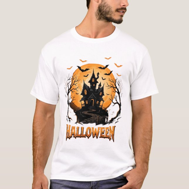 Halloween Spökhus Fladdermus Måne Grafisk Design T Shirt (Framsida)