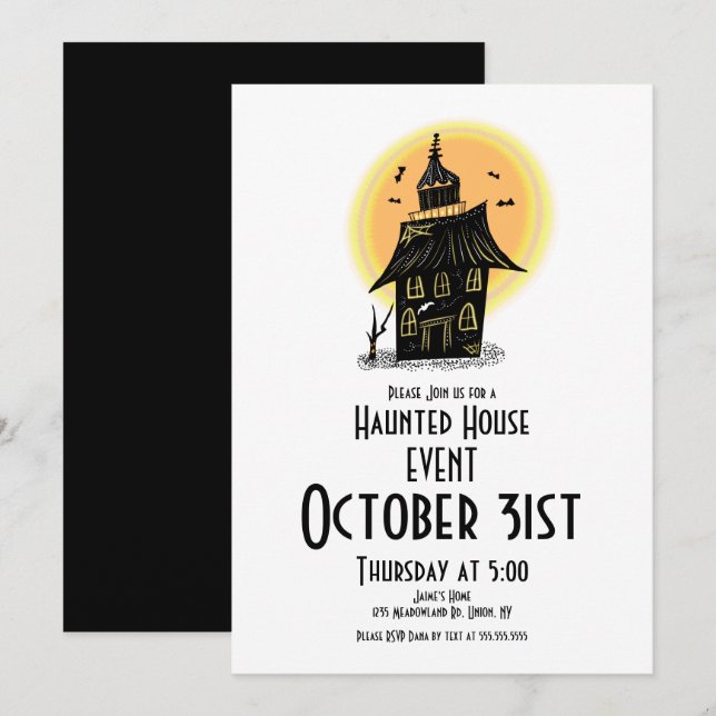 Halloween Spökhus Handritad Design Inbjudningar (Fram/baksida)