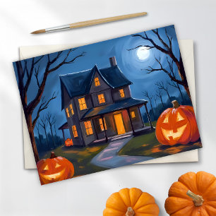 Halloween Spökhus Jack-O-Lanterns Akvarell Helg Vykort