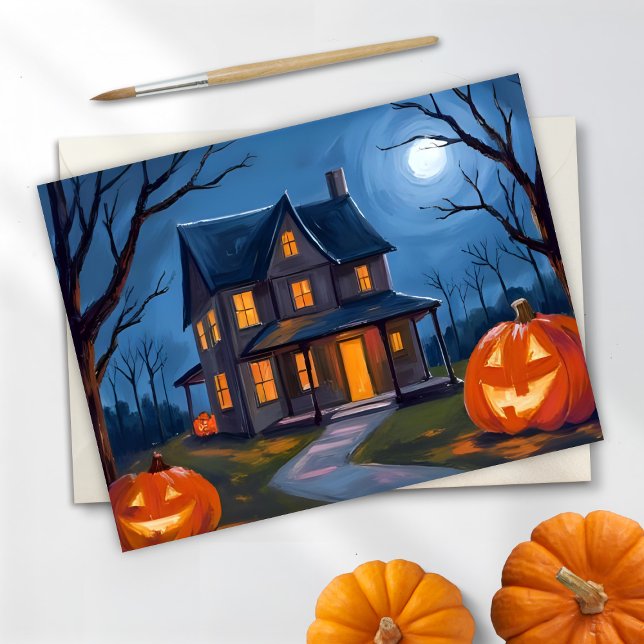 Halloween Spökhus Jack-O-Lanterns Akvarell Helg Vykort (Skapare uppladdad)