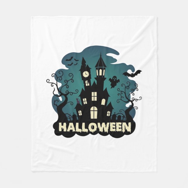 Halloween Spökhus Klocktorn Fladdermöss Spöke_1 Fleecefilt (Framsidan)