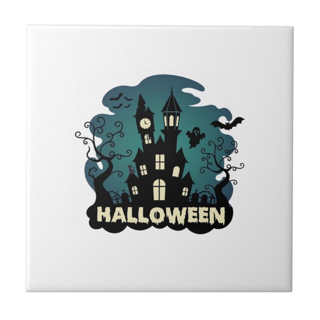 Halloween Spökhus Klocktorn Fladdermöss Spöke_1 Kakelplatta (Framsidan)