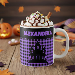 Halloween Spökhus Lila & Svart Rutig Namn Kaffemugg