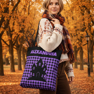 Halloween Spökhus Lila & Svart Rutig Namn Tygkasse