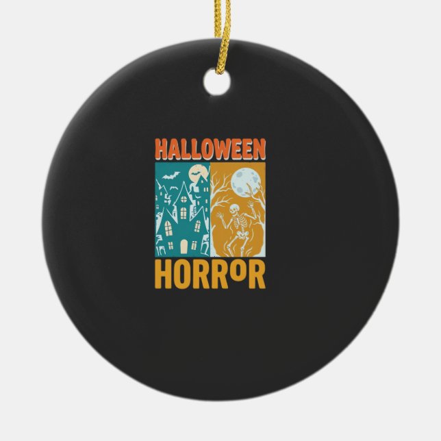 Halloween Spökhus Måne Skelett Design_1 Julgransprydnad Keramik (Framsidan)