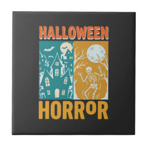 Halloween Spökhus Måne Skelett Design_1 Kakelplatta