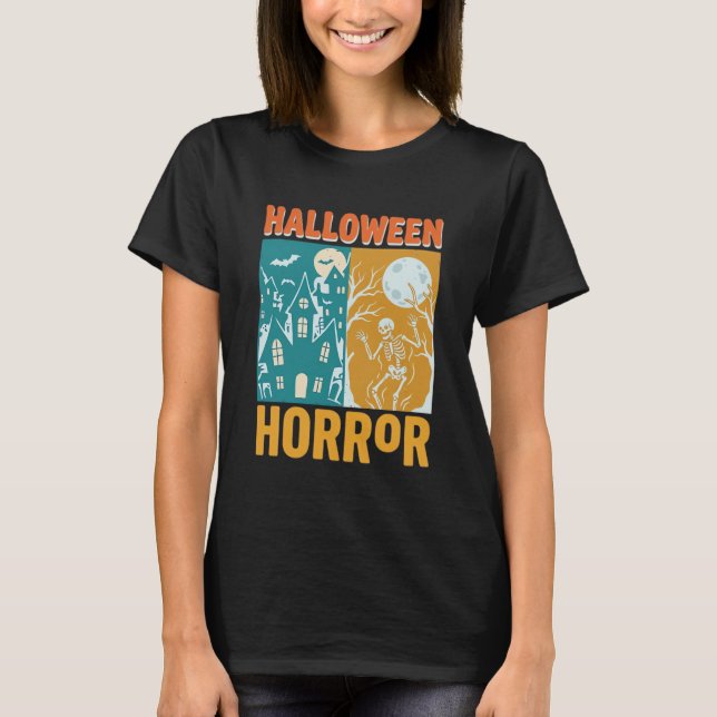 Halloween Spökhus Måne Skelett Design_1 T Shirt (Framsida)