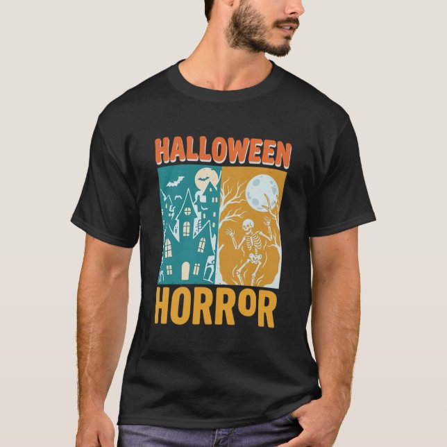 Halloween Spökhus Måne Skelett Design_1 T Shirt (Framsida)