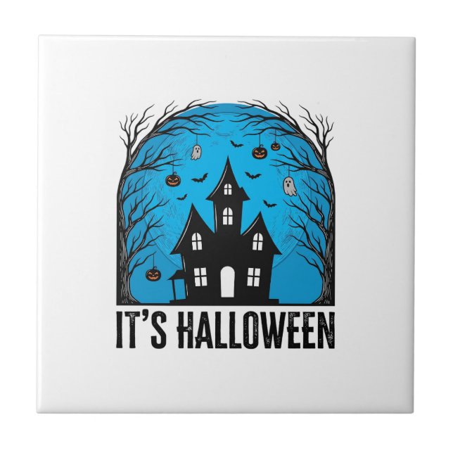 Halloween Spökhus Måne Vintage Gravyr Des Kakelplatta (Framsidan)
