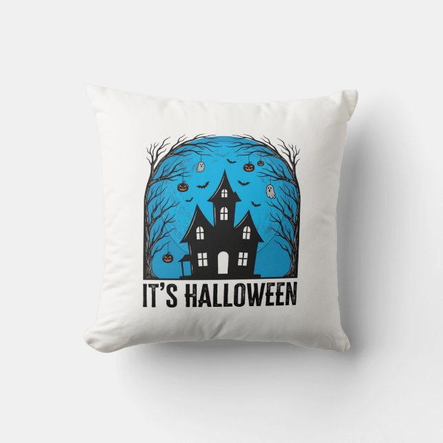 Halloween Spökhus Måne Vintage Gravyr Des Kudde (Framsida)