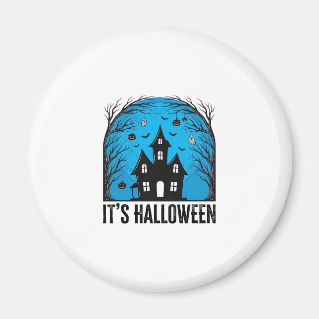 Halloween Spökhus Måne Vintage Gravyr Des Magnet (Framsidan)