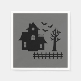 Halloween Spökhus Med Fladdermöss Och Träd På Grå Pappersservett