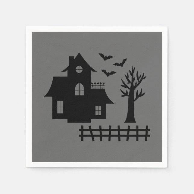 Halloween Spökhus Med Fladdermöss Och Träd På Grå Pappersservett (Framsidan)