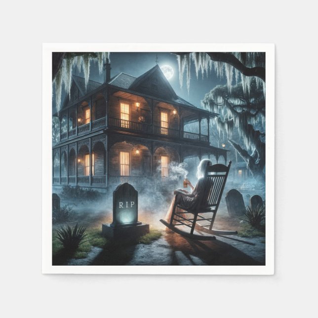 Halloween Spökhus Med Gravsten Pappersservett (Framsidan)