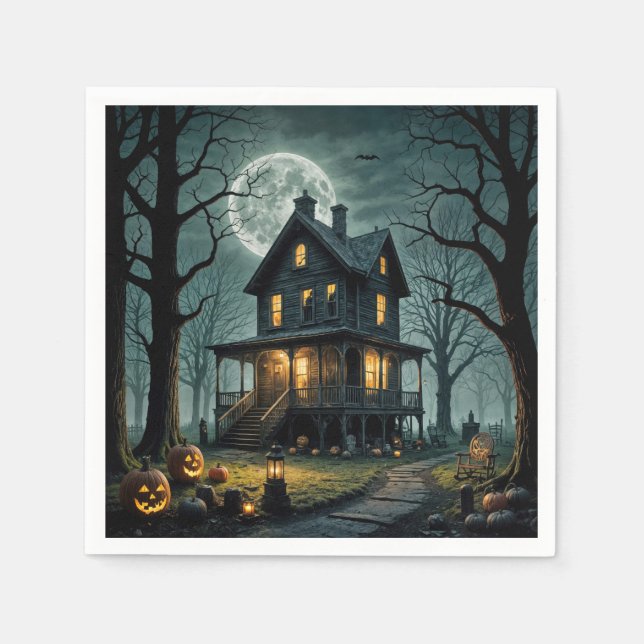 Halloween Spökhus Med Jack-o-lanterne Pappersservett (Framsidan)