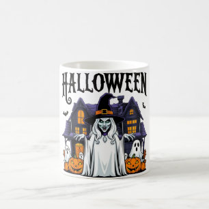 Halloween-spökhus, pumpor, häxa, fladdermus kaffemugg