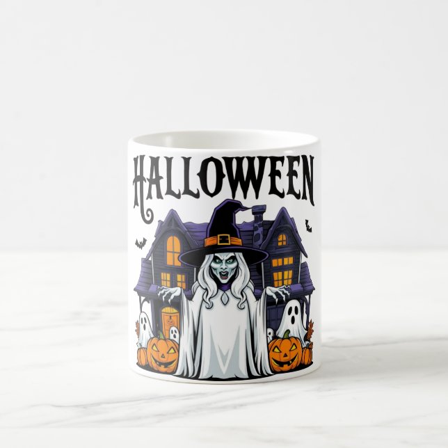 Halloween-spökhus, pumpor, häxa, fladdermus kaffemugg (Center)