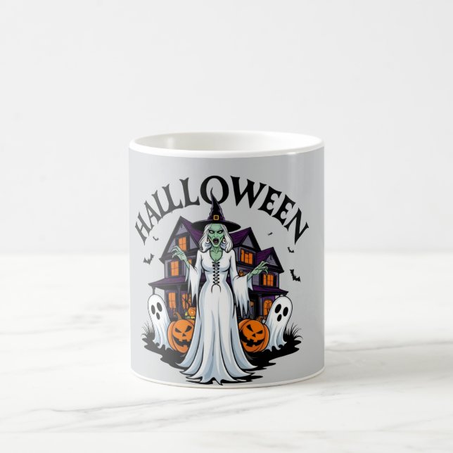 Halloween-spökhus, pumpor, häxa, fladdermus kaffemugg (Center)