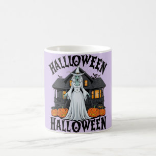 Halloween-spökhus, pumpor, häxa, fladdermus kaffemugg
