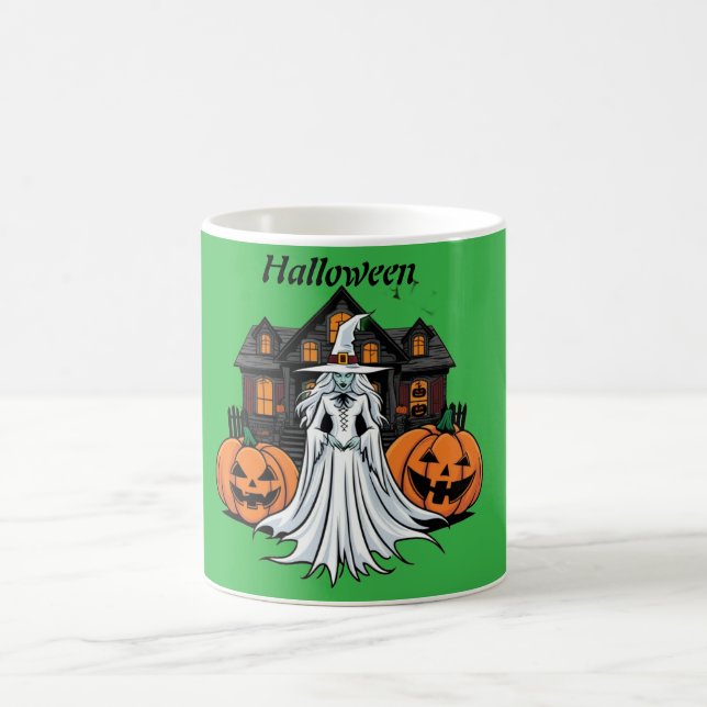 Halloween-spökhus, pumpor, häxa, fladdermus kaffemugg (Center)