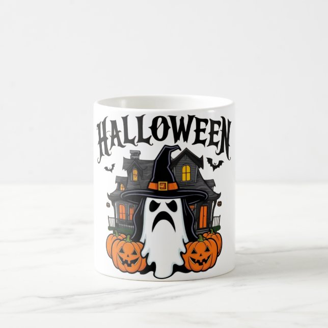 Halloween-spökhus, pumpor, häxa, fladdermus kaffemugg (Center)
