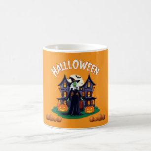 Halloween-spökhus, pumpor, häxor, fladdermus och g kaffemugg