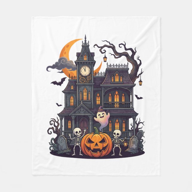 Halloween Spökhus Skelett Pumpa Spöke Cr Fleecefilt (Framsidan)