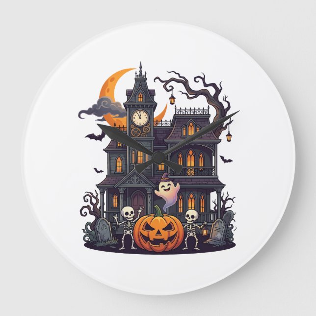 Halloween Spökhus Skelett Pumpa Spöke Cr Stor Klocka (Framsida)
