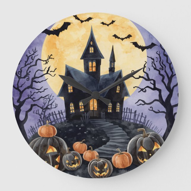 Halloween,Spökhus, Skräckpumpor,Fladdermöss Stor Klocka (Framsida)