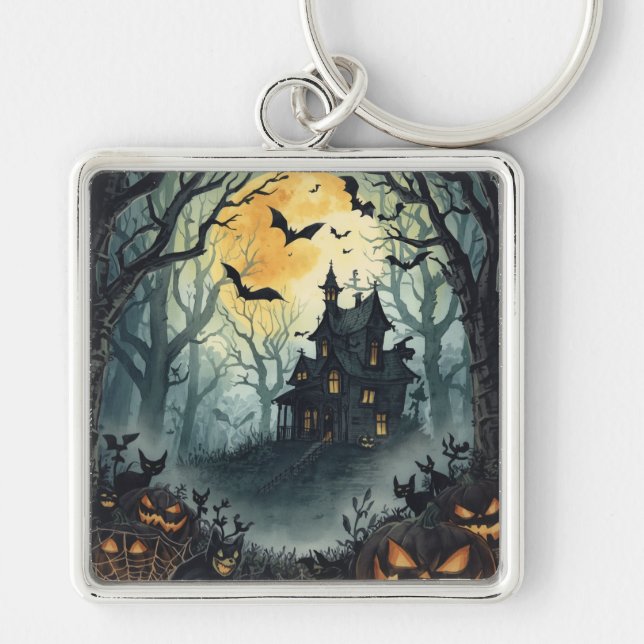 Halloween,Spökhus, Skrämmande pumpor,Fladdermöss,M Fyrkantig Silverfärgad Nyckelring (Framsidan)