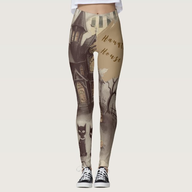 Halloween, Spökhus, Svart Katt Leggings (Framsida)