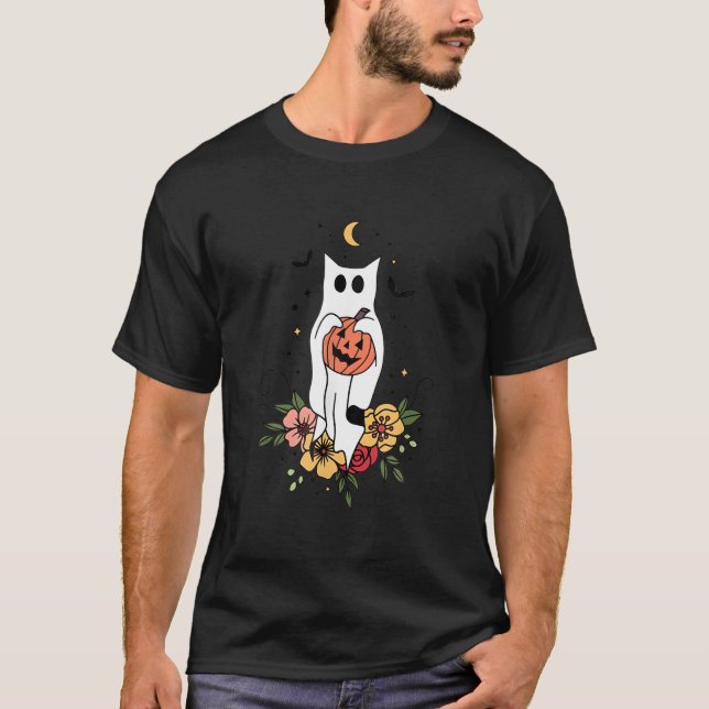 Halloween spökkat skrämmande pumpa blomster katt t shirt (Framsida)