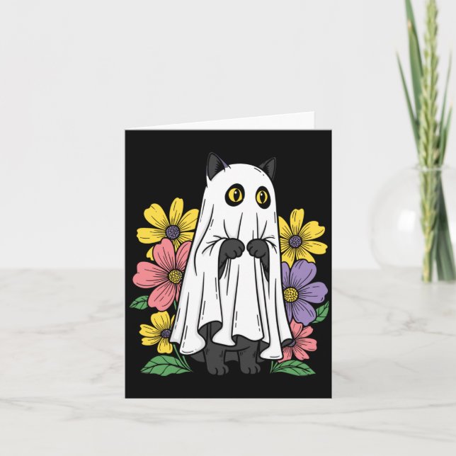 Halloween spökkatte söt svart katt blommor kort (Framsida)