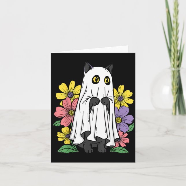 Halloween spökkatte söt svart katt blommor kort (Framsida)