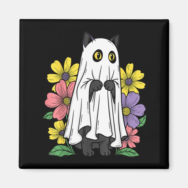 Halloween spökkatte söt svart katt blommor magnet (Framsidan)