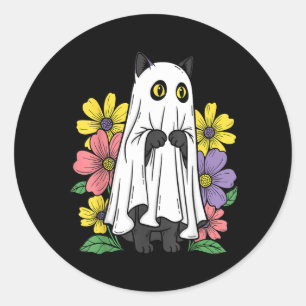 Halloween spökkatte söt svart katt blommor runt klistermärke