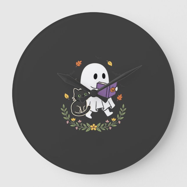 Halloween spökkatten läser bok blommig design_1 stor klocka (Framsida)
