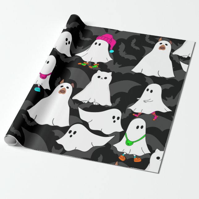 halloween-spökkattsvart hund presentpapper (Utrullad)
