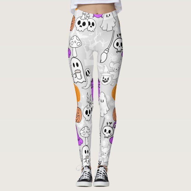 Halloween spöklikhet mönster 01 L Grå BG Leggings (Framsida)