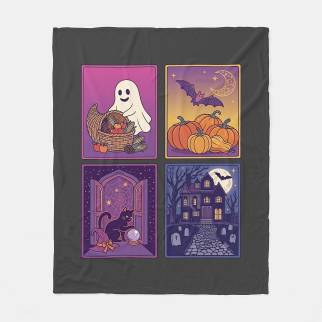 Halloween Spökpumpor Svart Katt Spökhus B Fleecefilt (Framsidan)