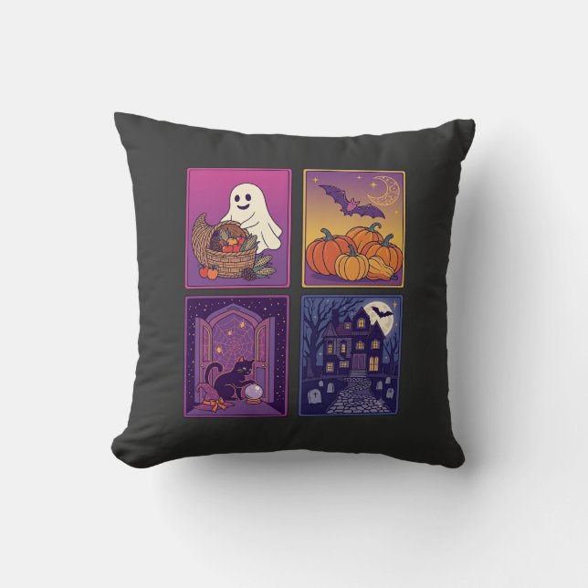 Halloween Spökpumpor Svart Katt Spökhus B Kudde (Framsida)