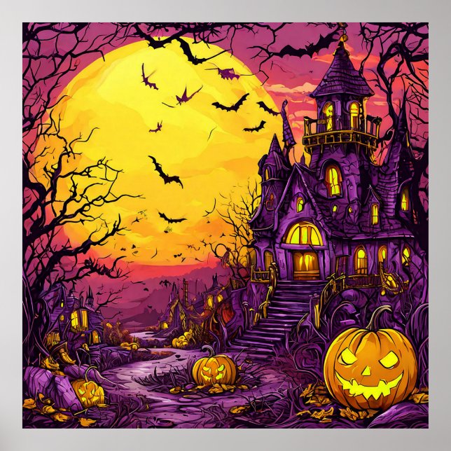 Halloween Spökslott Pumpa Fladdermöss Mörk Scen Poster (Framsidan)