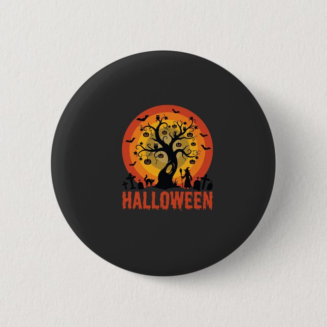 Halloween Spökträd Häxa och Svarta Katter Knapp (Framsida)