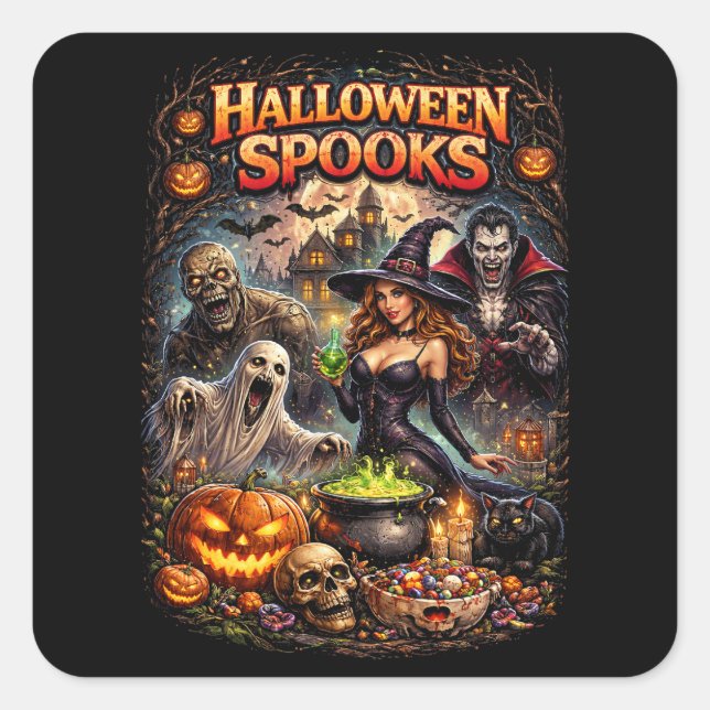 Halloween Spooks Fyrkantigt Klistermärke (Framsida)