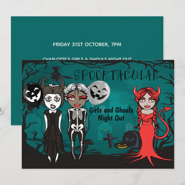 Halloween Spooktacular Girls och Ghouls kvällar ut Inbjudningar (Fram/baksida)
