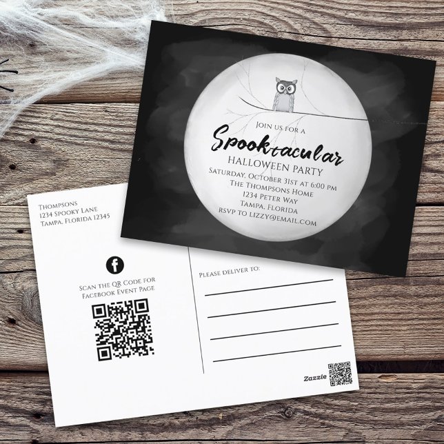 Halloween Spooktacular Uggla QR Code Social Media Vykort (Skapare uppladdad)