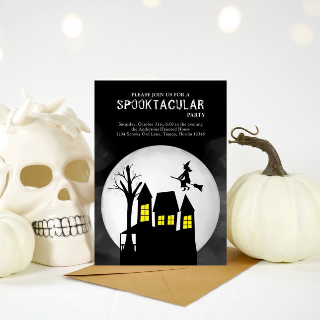 Halloween Spooktacular Witch Haunted House Inbjudningar (Halloween spooktacular invitation with haunted house ans flying witch. )